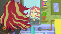 Size: 1280x720 | Tagged: safe, screencap, sunset shimmer, eqg summertime shorts, equestria girls, monday blues, backpack, clothes, female, messy hair, mirror, sunset's apartment