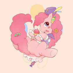 Size: 640x640 | Tagged: safe, artist:sadsan, pinkie pie, earth pony, pony, blush sticker, blushing, candy, clothes, cupcake, hat, lollipop, on back, solo, tongue out, underhoof