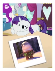 Size: 1275x1650 | Tagged: safe, edit, edited screencap, screencap, rarity, pony, unicorn, forever filly, exploitable meme, maui, meme, moana, obligatory pony, photo, rarity's photo, solo