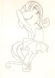 Size: 1175x1657 | Tagged: safe, artist:chronicle23, fluttershy, pegasus, pony, ballerina, clothes, cute, monochrome, skirt, solo, traditional art, tutu