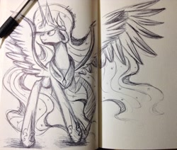 Size: 2276x1934 | Tagged: safe, artist:mizulela, princess celestia, alicorn, pony, grayscale, grin, monochrome, smiling, solo, spread wings, traditional art