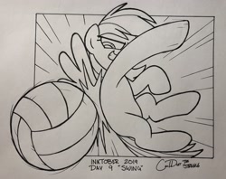 Size: 2048x1624 | Tagged: safe, artist:coaldustthestrange, derpibooru import, rainbow dash, pegasus, pony, inktober, inktober 2019, monochrome, smack, sports, volleyball