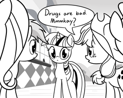 Size: 1280x1024 | Tagged: safe, artist:mrbastoff, derpibooru import, applejack, fluttershy, rainbow dash, twilight sparkle, unicorn twilight, earth pony, pegasus, pony, unicorn, applejack's hat, black and white, cowboy hat, dialogue, drugs, female, grayscale, hat, mare, monochrome, mr mackey, south park, speech bubble, stetson