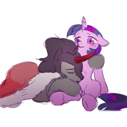 Size: 1487x1486 | Tagged: safe, artist:tingsan, derpibooru import, king sombra, twilight sparkle, twilight sparkle (alicorn), alicorn, pony, unicorn, blushing, cape, clothes, cuddling, eyes closed, female, male, mare, misleading thumbnail, shipping, simple background, sitting, sleeping, stallion, straight, twibra, white background