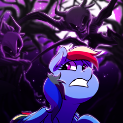 Size: 1000x1000 | Tagged: safe, artist:xxmarkingxx, derpibooru import, rainbow dash, pegasus, pony, wendigo, female, forest, gritted teeth, halloween, holiday, scared, solo, worried