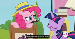 Size: 1600x830 | Tagged: safe, derpibooru import, screencap, pinkie pie, twilight sparkle, twilight sparkle (alicorn), alicorn, earth pony, pony, trade ya, fake moustache, female, hat, hub logo, mare, meme, tennis, youtube caption