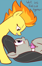 Size: 822x1280 | Tagged: safe, artist:whatsapokemon, derpibooru import, octavia melody, spitfire, earth pony, pony, bedroom eyes, blushing, female, lesbian, looking at each other, mare, on back, open mouth, shipping, simple background, smiling, spittavia