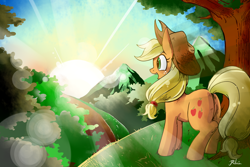 Size: 1500x1000 | Tagged: safe, artist:renokim, applejack, earth pony, pony, crepuscular rays, cute, hat, jackabetes, lens flare, open mouth, pixiv, solo, sun, sunrise, tree