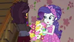 Size: 1908x1080 | Tagged: safe, screencap, rarity, sunset shimmer, better together, choose your own ending, costume conundrum, costume conundrum: applejack, equestria girls, bare shoulders, beverage, bulk biceps' home, clothes, dress, drink, drinking straw, duo, duo female, female, gown, jewelry, sleeveless, stairs, tiara, vampire shimmer, wig