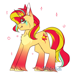 Size: 1500x1500 | Tagged: safe, artist:mediasmile666, edit, part of a set, sunset shimmer, pony, unicorn, chest fluff, coat markings, cropped, cutie mark, female, looking at you, mare, redesign, simple background, solo, tongue out, unshorn fetlocks, watermark, white background