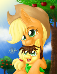 Size: 615x800 | Tagged: safe, artist:unisoleil, applejack, oc, oc:apple fizzy, earth pony, pony, apple tree, bandana, female, mother and child, mother and son, offspring, parent and child, parent:applejack, parent:unnamed oc, parents:canon x oc, tree