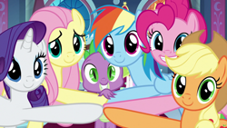 Size: 1920x1080 | Tagged: safe, derpibooru import, screencap, applejack, fluttershy, pinkie pie, rainbow dash, rarity, spike, dragon, earth pony, pegasus, pony, unicorn, the beginning of the end, spoiler:s09, looking at you