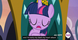 Size: 1600x830 | Tagged: safe, derpibooru import, screencap, twilight sparkle, twilight sparkle (alicorn), alicorn, pony, trade ya, female, heart attack, hub logo, mare, meme, youtube caption