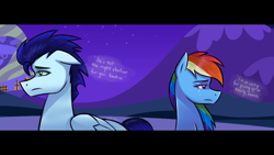 Size: 1920x1080 | Tagged: safe, artist:sapphireartemis, derpibooru import, rainbow dash, soarin', pegasus, pony, female, male, mountain, night, sad, shipping, soarindash, straight