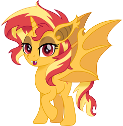 Size: 1500x1535 | Tagged: safe, artist:cloudyglow, sunset shimmer, alicorn, bat pony, bat pony alicorn, pony, alicornified, bat ponified, fangs, female, mare, race swap, shimmercorn, simple background, slit eyes, smiling, solo, transparent background, vector