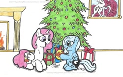 Size: 1024x643 | Tagged: safe, artist:artistnjc, princess celestia, princess luna, oc, oc:fausticorn, alicorn, pony, cewestia, christmas tree, cute, female, filly, fireplace, freckles, hearth's warming, looking at each other, phoenix egg, pink-mane celestia, present, prone, royal sisters, sitting, smiling, traditional art, tree, woona, younger