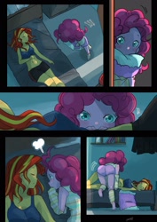 Size: 1450x2048 | Tagged: safe, artist:ku_rimo, pinkie pie, sunset shimmer, comic:good night, equestria girls, arm warmers, ass, bed, blushing, butt, clothes, comic, cute, diapinkes, eyes closed, female, leg warmers, lesbian, pillow, right to left, shimmerbetes, shipping, shorts, sleeping, sleeveless, sunsetpie