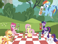 Size: 1024x768 | Tagged: safe, derpibooru import, applejack, fluttershy, pinkie pie, rainbow dash, rarity, twilight sparkle, twilight sparkle (alicorn), alicorn, earth pony, pegasus, pony, unicorn, chips, food, mane six, picnic, ponyville, potato chips, pringles, product placement