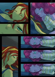 Size: 1450x2048 | Tagged: safe, artist:ku_rimo, pinkie pie, sunset shimmer, comic:good night, equestria girls, arm warmers, bed, blushing, comic, cute, diapinkes, eyes closed, female, lesbian, pillow, right to left, shimmerbetes, shipping, sleeveless, smiling, sunsetpie