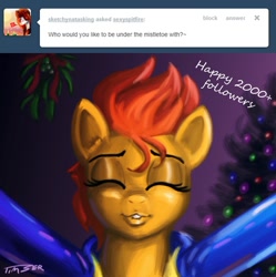 Size: 894x897 | Tagged: safe, artist:pluckyninja, derpibooru import, spitfire, ask, christmas, christmas tree, hearth's warming eve, kissing, mistletoe, stupid sexy spitfire, tree, tumblr, tumblr:sexy spitfire, yaranaika