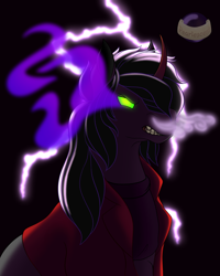 Size: 2500x3125 | Tagged: safe, artist:glowpearlescent, artist:pearlescent, derpibooru import, king sombra, pony, umbrum, unicorn, au?, clothes, dark, jacket, leather jacket, lightning, smoke, solo, sombra eyes