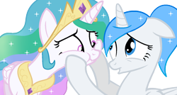 Size: 1224x654 | Tagged: safe, artist:wishythestar, princess celestia, oc, oc:white flare, alicorn, pony, alicorn oc, scrunchy face