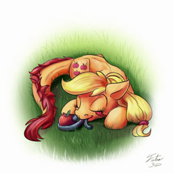 Size: 900x900 | Tagged: safe, artist:tsitra360, applejack, earth pony, monster pony, original species, pony, tatzlpony, apple, cute, eyes closed, jackabetes, prone, sleeping, smiling, solo, tatzlbetes, tatzljack, tentacle tongue, that pony sure does love apples