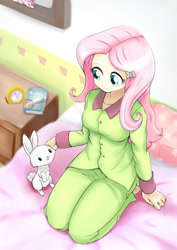 Size: 2209x3119 | Tagged: safe, artist:ryou14, angel bunny, fluttershy, equestria girls, alarm clock, archery, bed, bedroom, book, clothes, cute, daaaaaaaaaaaw, looking at each other, pajamas, petting, shyabetes