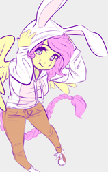 Size: 1000x1581 | Tagged: safe, artist:lizombie, artist:schpeelah, edit, fluttershy, oc, oc:cottontail, anthro, alternate universe, clothes, colored, converse, cute, happy, hoodie, shoes, smiling, solo, ultimare universe, wingding eyes