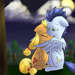 Size: 1500x1500 | Tagged: safe, artist:lilfaux, applejack, soarin', earth pony, pegasus, pony, comforting, crack shipping, crying, female, floppy ears, hatless, hug, male, mare, missing accessory, shipping, soarinjack, spread wings, stallion, straight, winghug