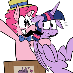 Size: 700x700 | Tagged: safe, artist:karpet-shark, derpibooru import, pinkie pie, twilight sparkle, twilight sparkle (alicorn), alicorn, earth pony, pony, trade ya, bowtie, fake moustache, female, hat, mare, twily-daily