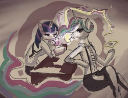 Size: 1280x985 | Tagged: artist needed, safe, princess celestia, twilight sparkle, alicorn, pony, detective, paper, smoking, table