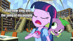 Size: 960x540 | Tagged: safe, derpibooru import, spike, twilight sparkle, equestria girls, caption, image macro, meme