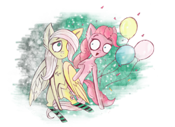 Size: 3507x2550 | Tagged: safe, artist:jesterofsolace, fluttershy, pinkie pie, earth pony, pegasus, pony, balloon, clothes, crying, socks, striped socks