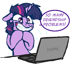 Size: 575x535 | Tagged: safe, artist:artflicker, derpibooru import, twilight sparkle, unicorn twilight, pony, unicorn, computer, crazy face, dialogue, faic, female, floppy ears, grin, laptop computer, mare, reaction image, solo, speech bubble, twilight snapple