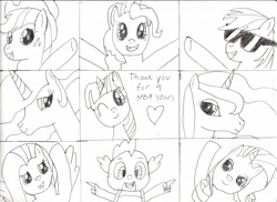 Size: 4671x3400 | Tagged: safe, artist:2shyshy, derpibooru import, applejack, fluttershy, pinkie pie, princess celestia, princess luna, rainbow dash, rarity, spike, twilight sparkle, alicorn, dragon, earth pony, pegasus, pony, unicorn, happy anniversary, happy birthday mlp:fim, heart, mane six, mlp fim's ninth anniversary