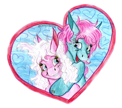 Size: 1648x1461 | Tagged: safe, artist:animagicworld, minty, pinkie pie, earth pony, pony, g3, female, hug, lesbian, mintypie, shipping, traditional art