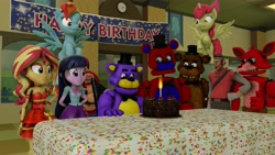 Size: 4675x2630 | Tagged: safe, artist:fazbearsparkle, apple bloom, rainbow dash, sunset shimmer, twilight sparkle, oc, alicorn, equestria girls, 3d, alicorn oc, alicornified, birthday, birthday cake, bloomicorn, cake, candle, canterlot high, clothes, crossover, dress, evil oc, fall formal outfits, five nights at freddy's, five nights at freddy's 2, five nights at freddy's 4, fnaf 2, fnaf 4, food, foxy, freddy fazbear, happy birthday, mario, nightmare freddy, non-mlp oc, non-pony oc, race swap, scout, source filmmaker, super mario bros., team fortress 2