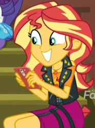 Size: 490x658 | Tagged: safe, screencap, rarity, sunset shimmer, better together, costume conundrum, equestria girls, cellphone, cropped, female, geode of empathy, invite, iphone, magical geodes, phone, sitting, smartphone, smiling, stairs, sunset's apartment, text