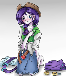 Size: 1400x1599 | Tagged: safe, artist:tcn1205, rarity, human, equestria girls, 3:, barefoot, belly button, blushing, clothes, clothes swap, feet, frown, gradient background, humanized, implied applejack, implied lesbian, implied rarijack, implied shipping, looking at you, pony coloring, solo