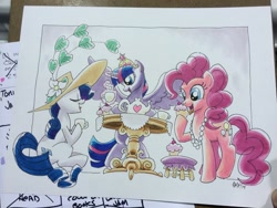 Size: 1024x768 | Tagged: safe, artist:tonyfleecs, derpibooru import, pinkie pie, rarity, twilight sparkle, twilight sparkle (alicorn), alicorn, earth pony, pony, unicorn, clothes, female, hat, mare, tea party