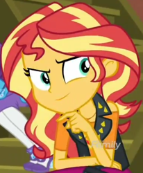 Size: 854x1035 | Tagged: safe, screencap, rarity, sunset shimmer, better together, costume conundrum, equestria girls, cropped, discovery family logo, female, geode of empathy, magical geodes, scheming, sitting, smiling, solo focus, stairs, sunset's apartment