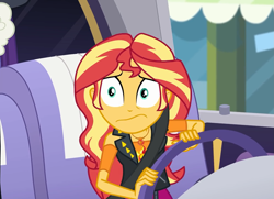 Size: 1495x1080 | Tagged: safe, screencap, randolph, sunset shimmer, better together, driving miss shimmer, driving miss shimmer: rarity, equestria girls, cropped, female, geode of empathy, limousine, magical geodes, offscreen character, seatbelt, shrunken pupils, steering wheel, wavy mouth, wide eyes