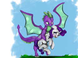 Size: 3200x2400 | Tagged: safe, artist:candytheevil, rarity, spike, dragon, pony, unicorn, flying, male, nervous, older, older spike, shipping, sparity, straight, winged spike