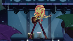 Size: 1366x768 | Tagged: safe, screencap, duke suave, sunset shimmer, better together, equestria girls, let it rain, beautiful, guitar, musical instrument, rain, stage, umbrella