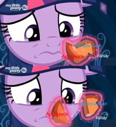 Size: 2199x2425 | Tagged: safe, derpibooru import, edit, edited screencap, screencap, applejack, rainbow dash, twilight sparkle, twilight sparkle (alicorn), alicorn, earth pony, pegasus, pony, the beginning of the end, appledash, caption, element of honesty, female, frown, image macro, lesbian, mare, meme, sad, sad face, shipper on deck, shipping, text