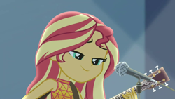 Size: 1920x1080 | Tagged: safe, screencap, sunset shimmer, better together, equestria girls, let it rain, acoustic guitar, female, guitar, guitar strap, microphone, musical instrument, smiling, solo, stage, stage light