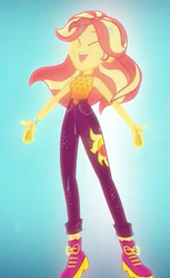 Size: 415x676 | Tagged: safe, screencap, sunset shimmer, better together, equestria girls, let it rain, beautiful, boots, clothes, cropped, cute, eyes closed, flowing hair, geode of empathy, magical geodes, pants, shimmerbetes, shoes, sleeveless, smiling