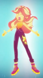 Size: 374x680 | Tagged: safe, screencap, sunset shimmer, better together, equestria girls, let it rain, beautiful, boots, clothes, cropped, flowing hair, geode of empathy, magical geodes, pants, shoes, solo