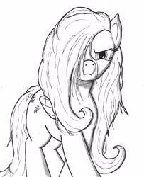 Size: 2319x2861 | Tagged: safe, artist:bigmacintosh2000, fluttershy, pegasus, pony, angry, hair over one eye, ink, messy mane, monochrome, solo, traditional art